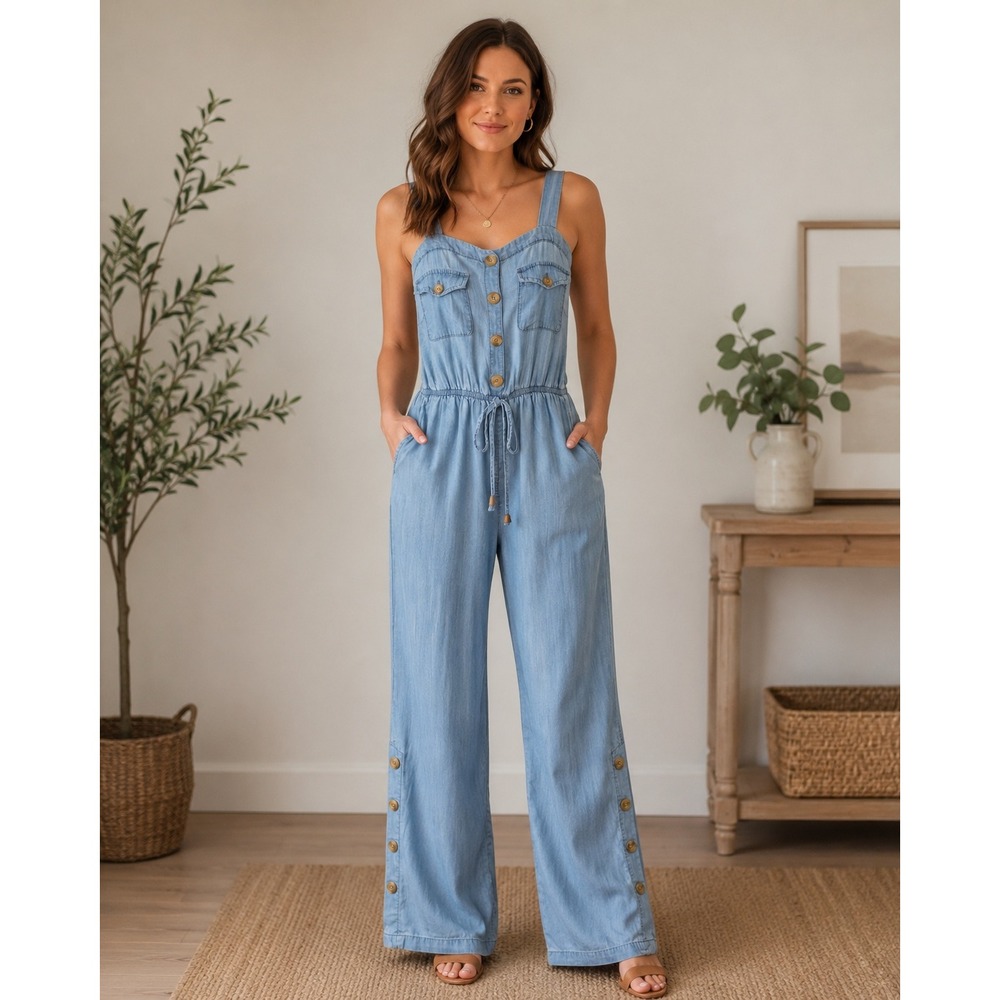 Splash Blue Tencel Chambray Wide Leg Button Side Jumpsuit M Cottagecore